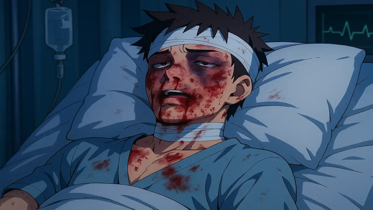 Anime illustration of a person in a chaotic scene, reflecting a near-death experience on the job.