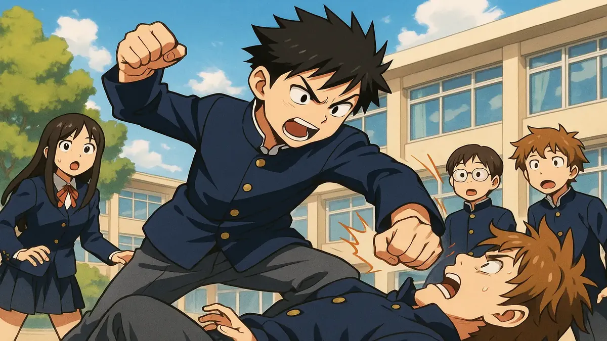 Anime illustration of a high school scene depicting a bullied student confronting a school bully.