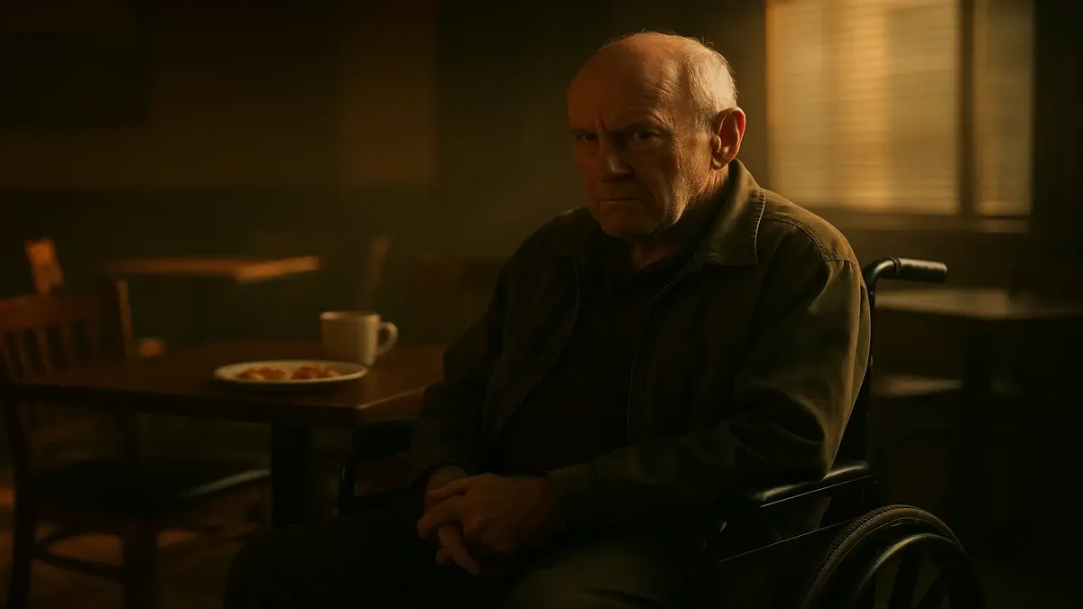 Cinematic image of a wheelchair beside a breakfast table in a hotel setting, capturing a moment of guest interaction.