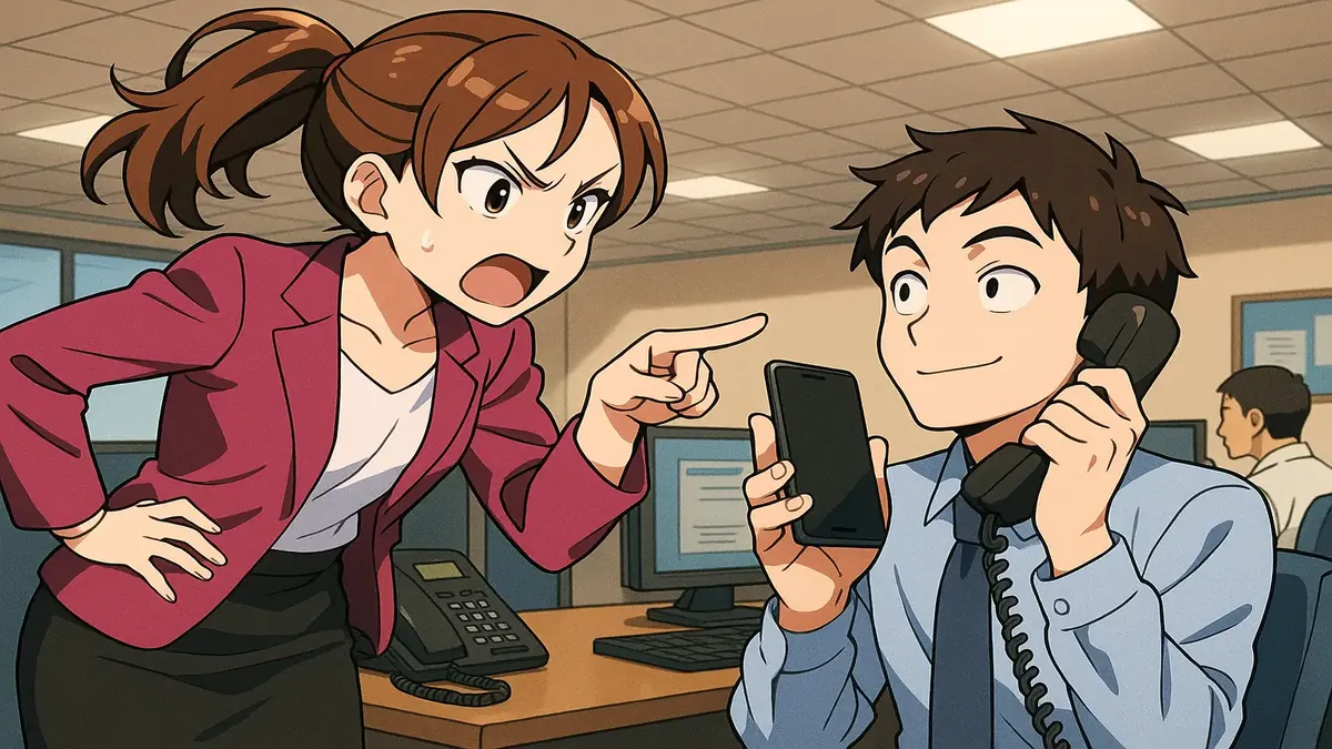 Anime illustration of a stressed office worker overwhelmed by phone calls and emails, reflecting workplace chaos.