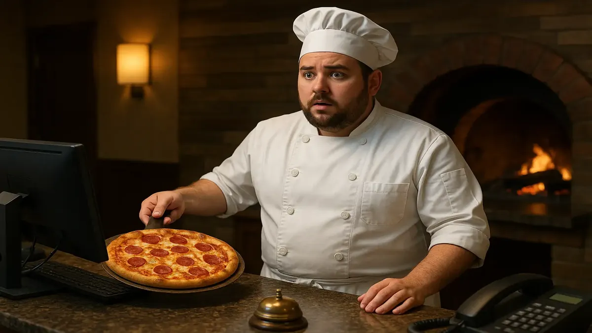 Night auditor at a front desk cooking pizza in a hotel setting, surprised by new responsibilities.