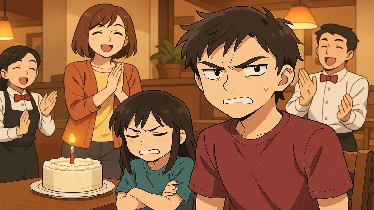 Anime illustration of a young adult feeling embarrassed during a birthday celebration at a restaurant.
