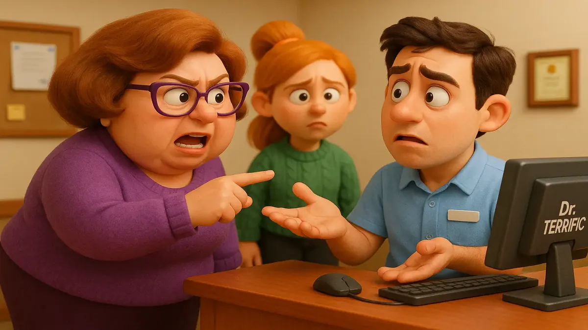 Cartoon-3D depiction of a confused hotel clerk and a demanding guest over tax exemption issues.