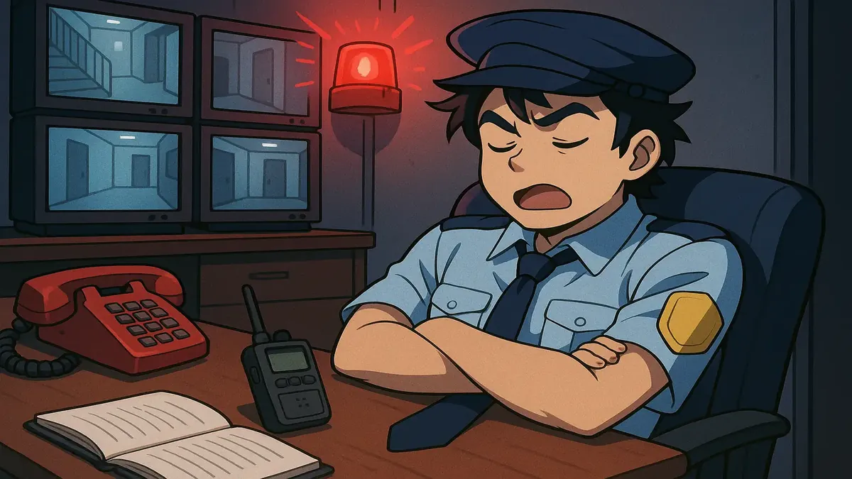 Anime illustration of a lazy security staff at a hotel, overlooking disturbances and fire alarms.