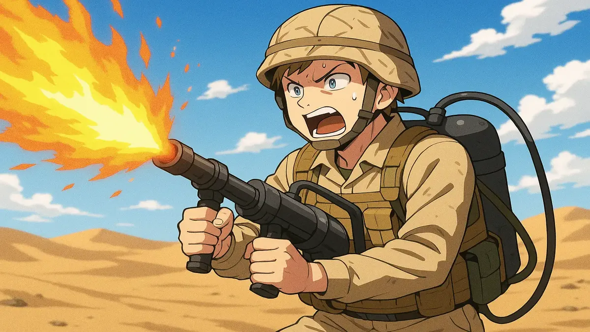 Anime illustration of a military member in a hot desert, reflecting on countermand orders and personal experiences.