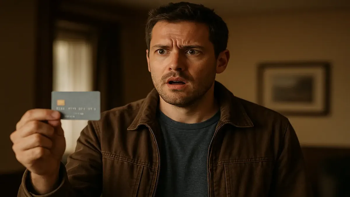 A man shows his phone with a picture of a credit card while checking into a hotel room.