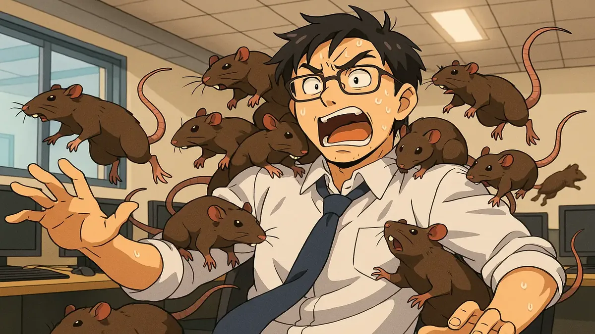 Anime-style illustration depicting John facing a chaotic rat problem in a university computer lab.
