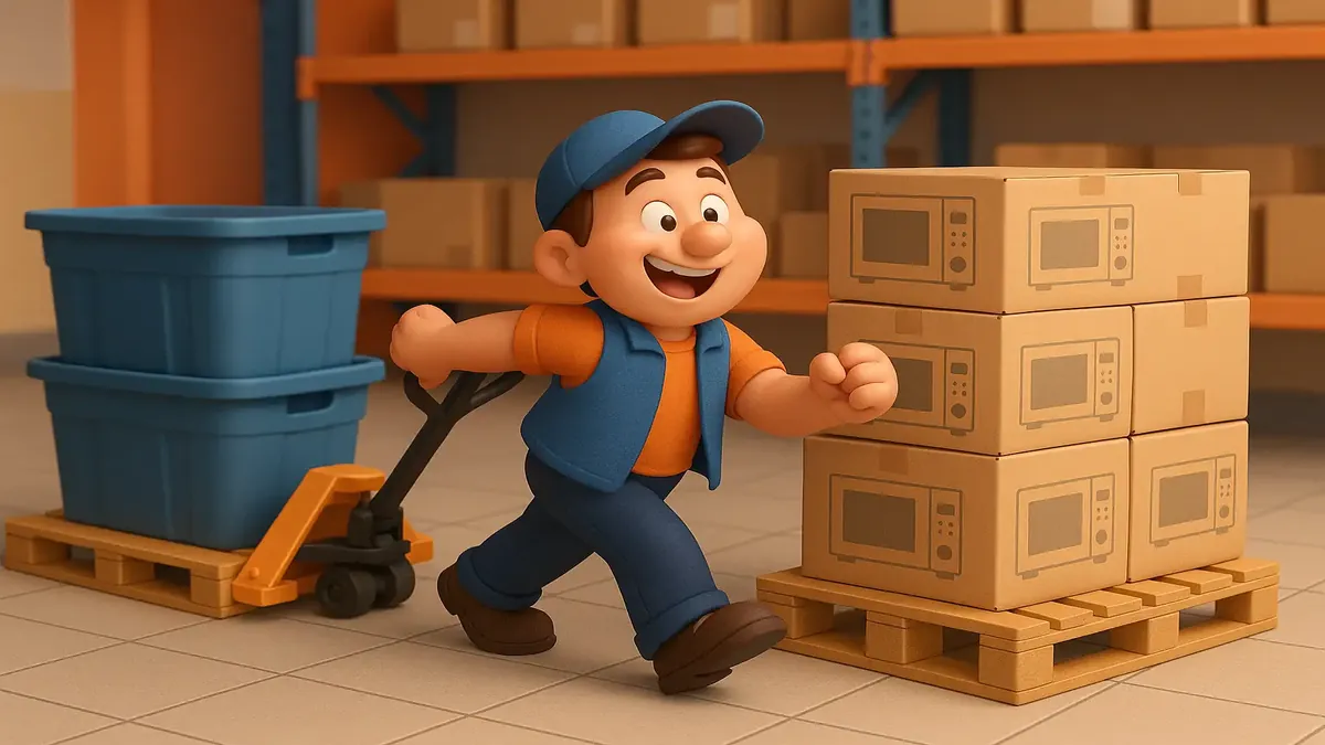 Cartoon-3D illustration of a retail worker efficiently moving easy pallets of homeware items in a busy store.