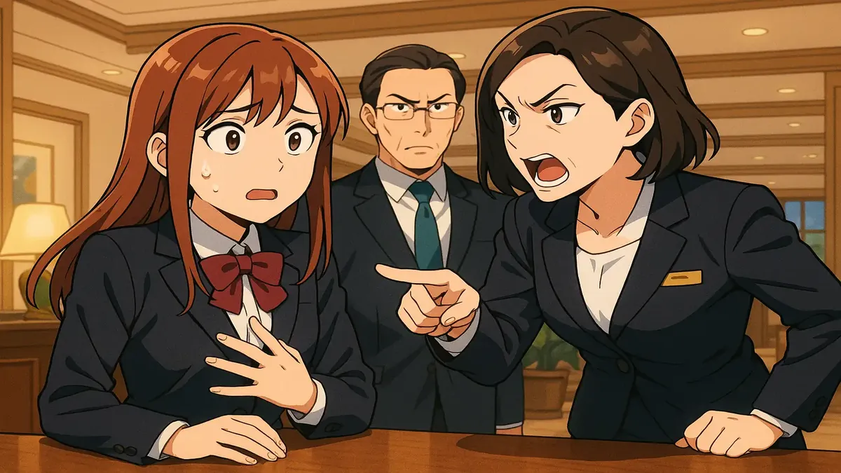 Anime illustration depicting workplace tension in a hotel, highlighting poor management dynamics among staff.