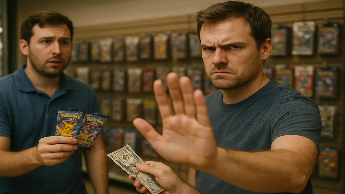A photorealistic depiction of a Pokemon card line with frustrated fans, highlighting petty revenge moments.