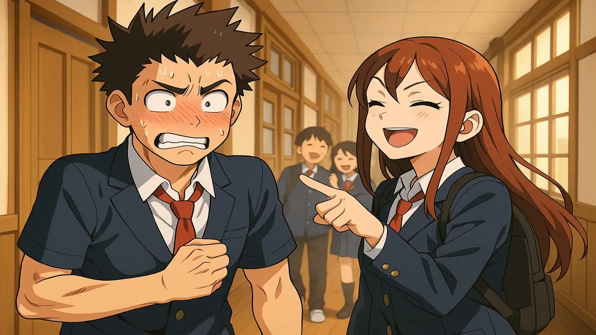 Anime illustration of a high school bully embarrassed in front of classmates, capturing a moment of surprise and drama.