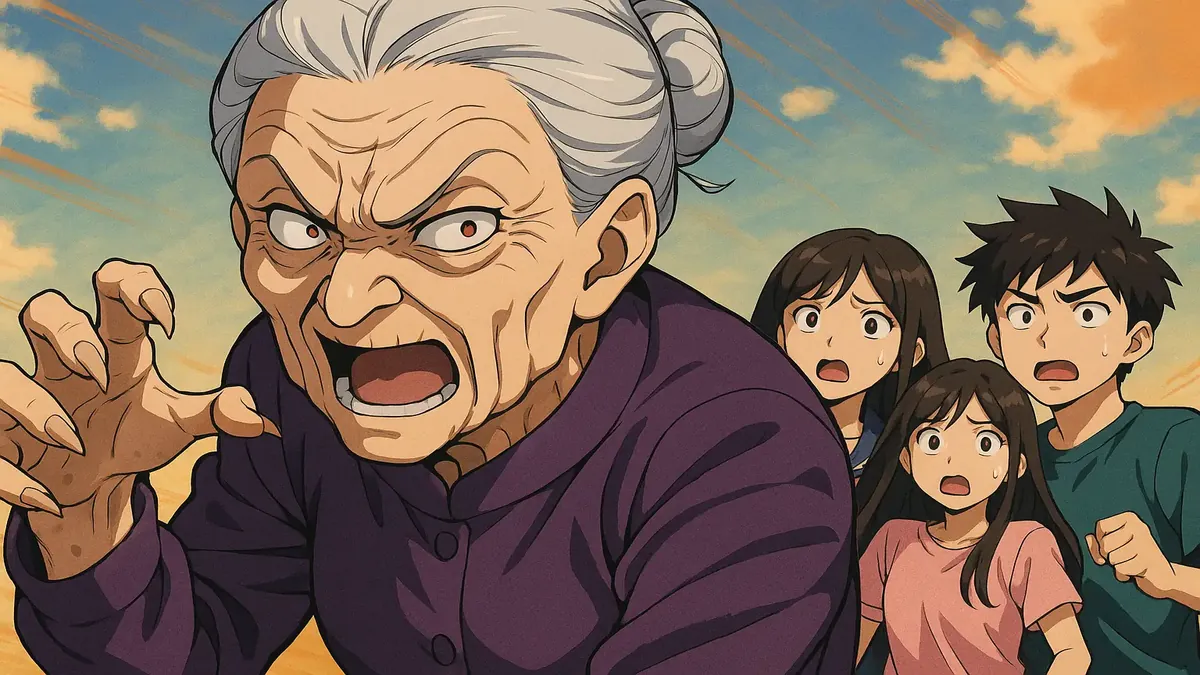 Anime illustration of a mischievous grandmother with a playful grin, evoking nostalgia and childhood memories.