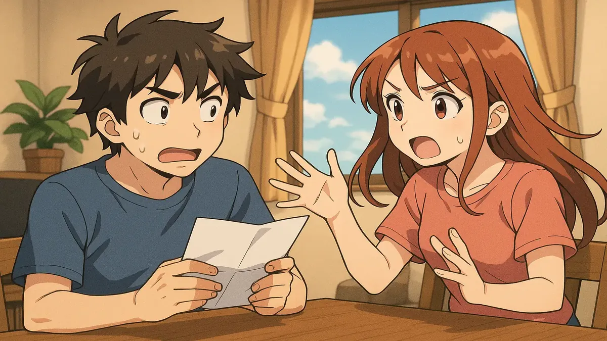 Anime illustration of a confused character looking at a water bill, reflecting frustration over billing changes.
