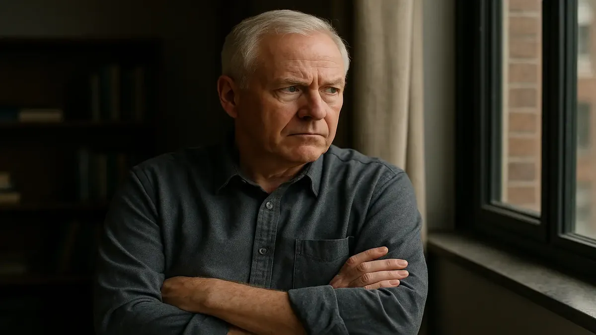 Retired manager reflecting on past programming challenges and staff interactions in a modern office setting.