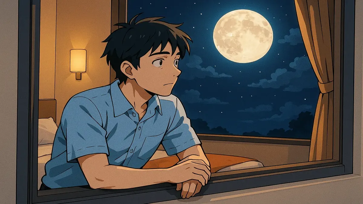 Anime-style illustration of a guest longing to see the moon from a hotel room window.