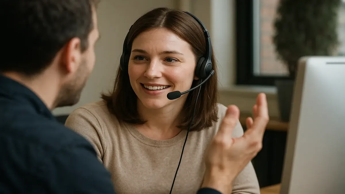 Customer service representative assisting a frustrated caller in a modern office setting.