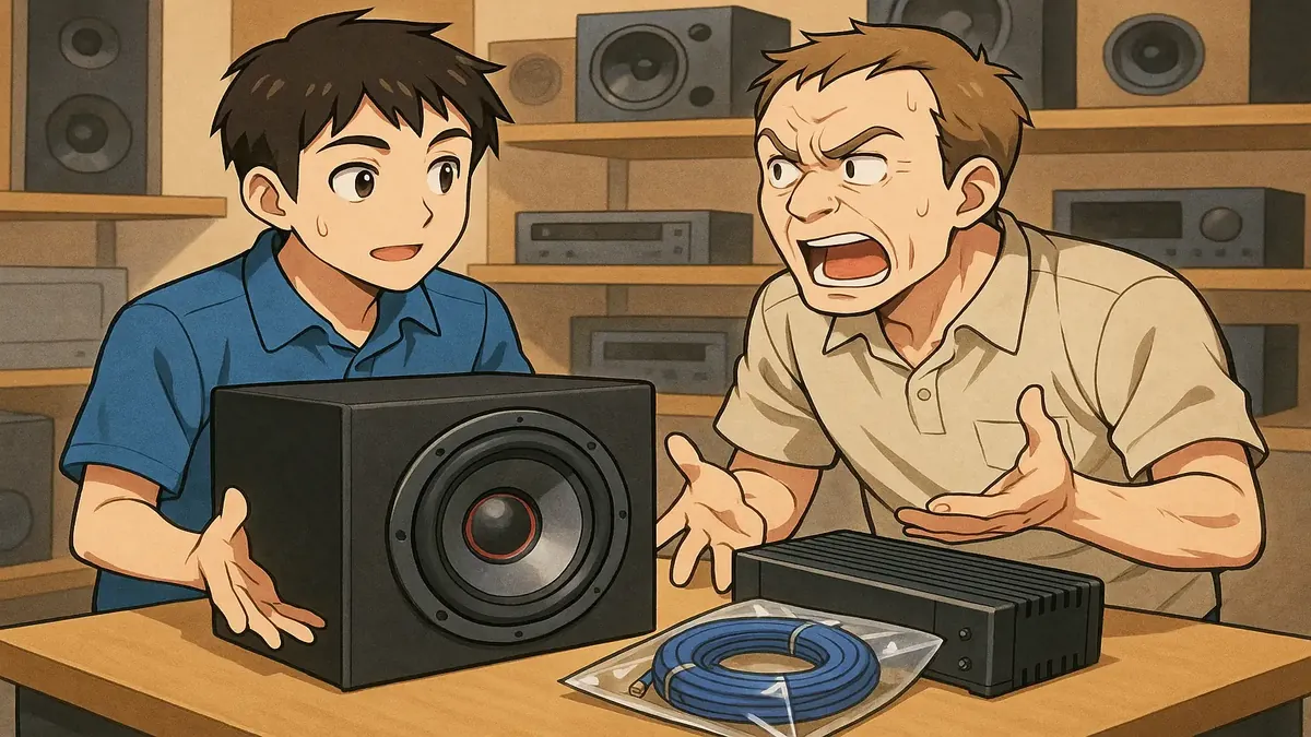 Anime-style illustration of a frustrated customer with a subwoofer, highlighting bass-only sound complaint.