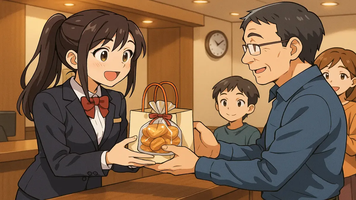 Anime-style illustration of a hotel receptionist receiving treats from cheerful guests, showcasing hospitality and kindness.