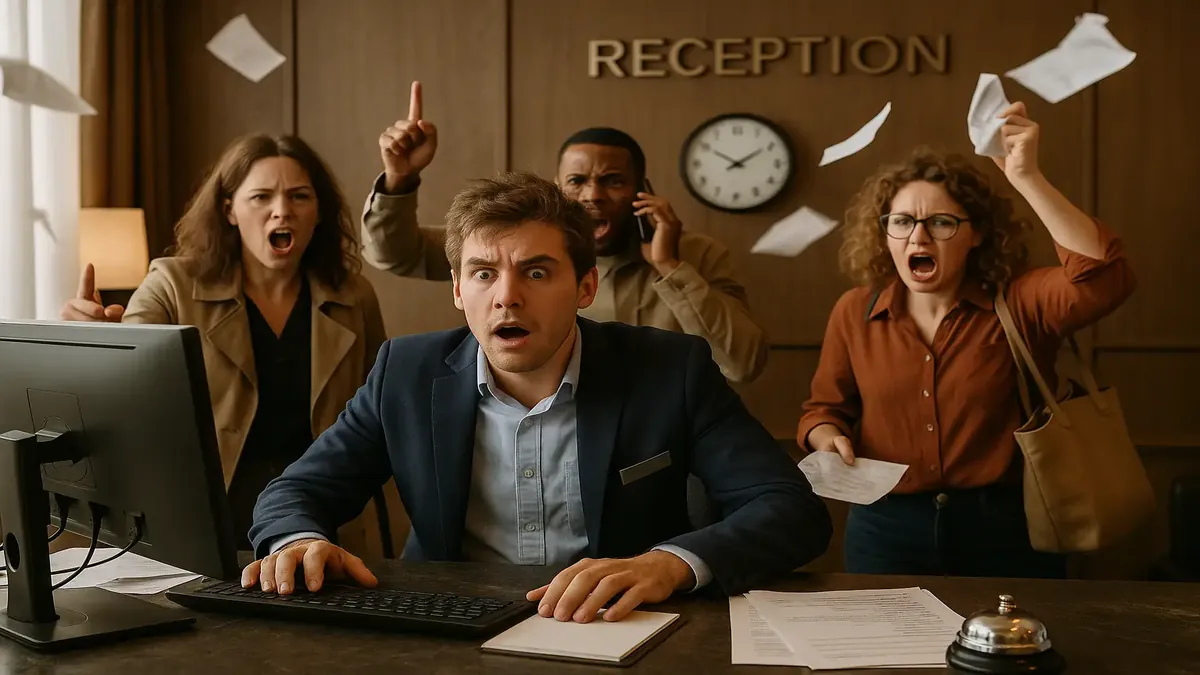 Front desk office scene depicting a chaotic workplace environment with stressed employees and busy reception area.