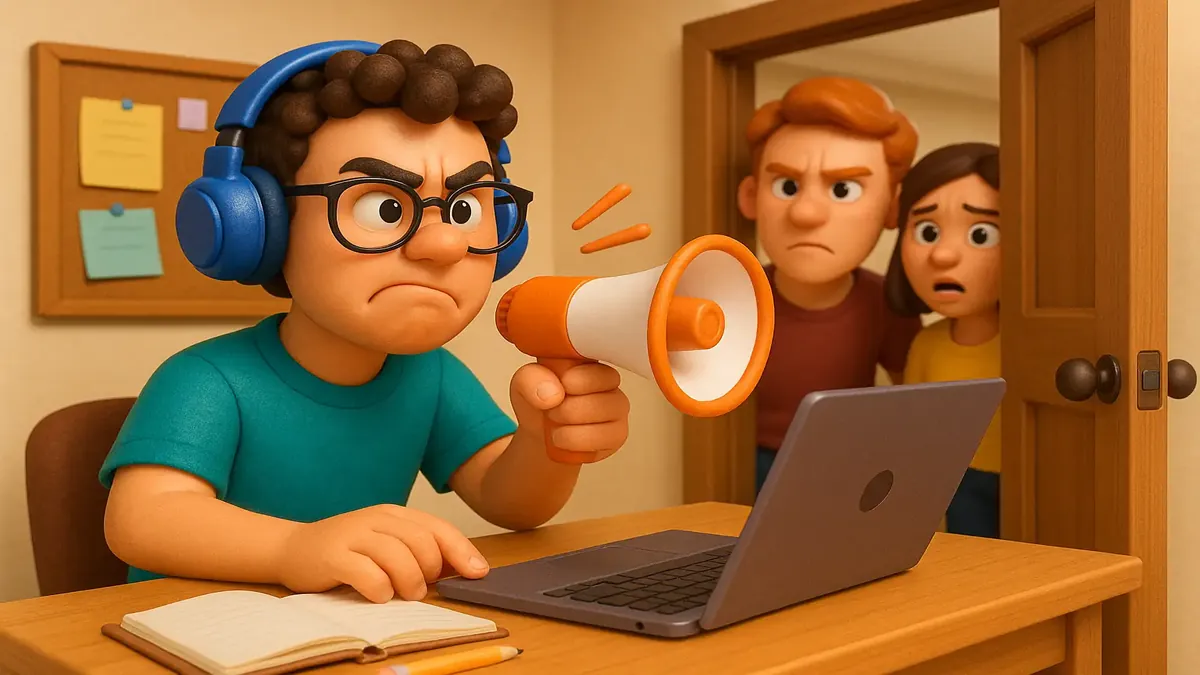 Cartoon 3D illustration of a proctor at a desk with loud RAs in a university residential hall.