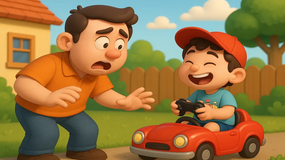 Cartoon-3D illustration of a babysitter and child playing video games indoors, emphasizing the fun of babysitting.