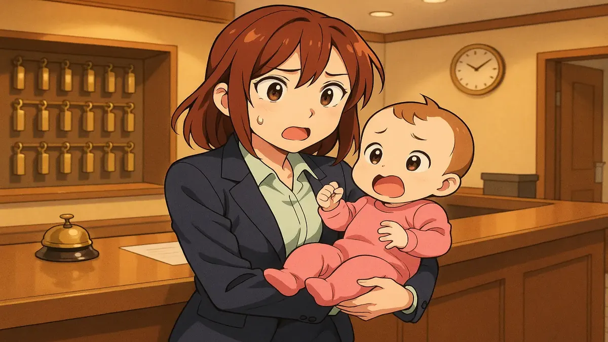 Anime-style illustration of a stressed motel receptionist juggling multiple tasks, reflecting chaotic work life.