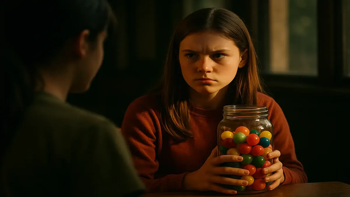 A cinematic scene depicting a middle school girl confronting a mean classmate over bouncy balls.