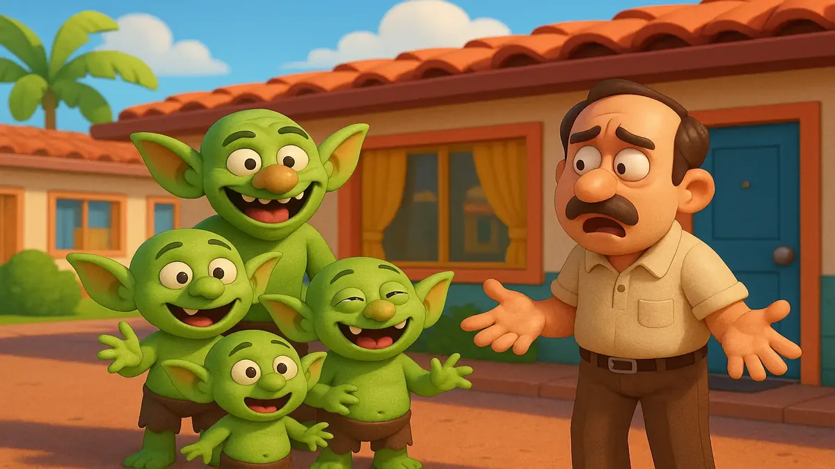 Cartoon 3D illustration of a quirky motel with mischievous goblins causing chaos, reflecting drama and humor.