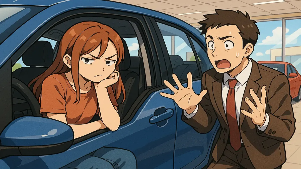 Anime illustration of a frustrated person at a car dealership, capturing feelings of boredom and mischief.