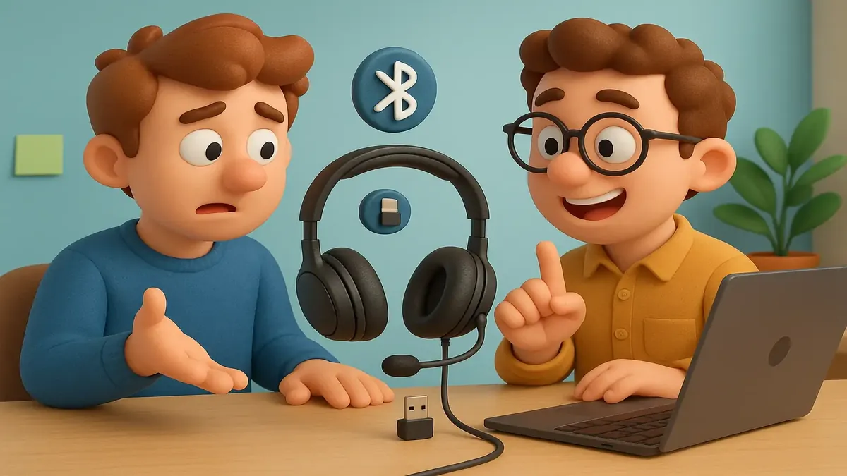 Cartoon-3D illustration of a broken headset causing audio issues in a Teams call due to double pairing.