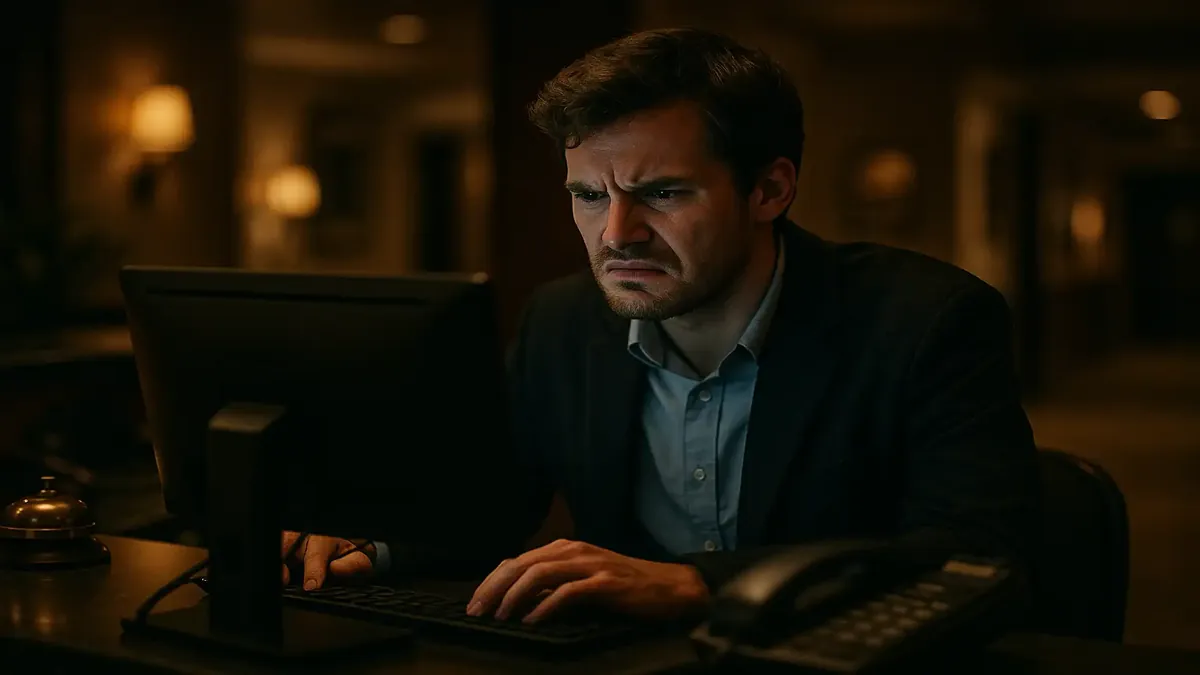 Night audit chaos at a hotel with frustrated staff dealing with reservation issues from cooking.com.