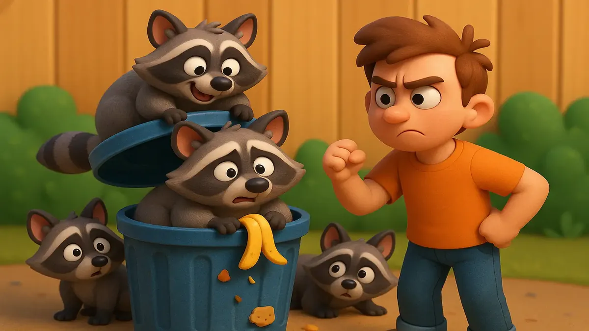 Cartoon 3D raccoons rummaging through trash cans, showcasing their persistent antics in a humorous way.