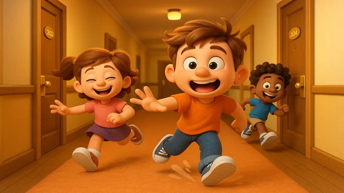 Cartoon-style kids joyfully stomping down a hotel hallway, embodying fun and energy during a dance competition.
