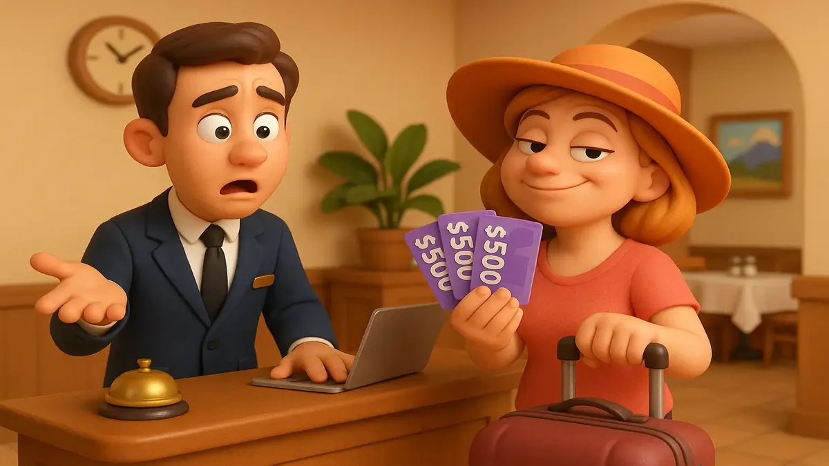 Cartoon-style illustration of a hotel scam involving gift certificates and a suspicious guest.