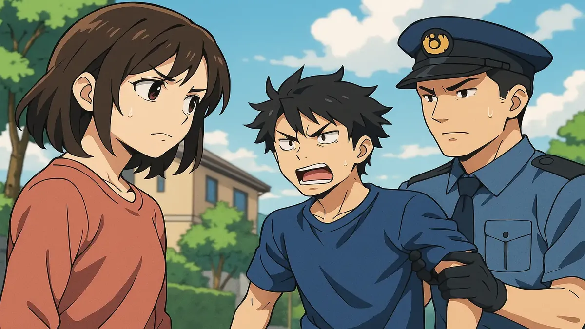 Anime illustration of a troubled son being escorted by police, depicting a tense family situation.