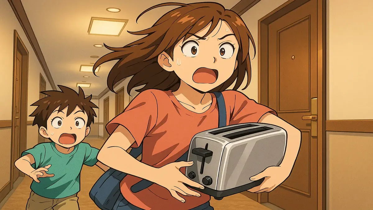 Anime illustration of a traveler and son in a hotel room, puzzled by a missing toaster on Labor Day weekend.