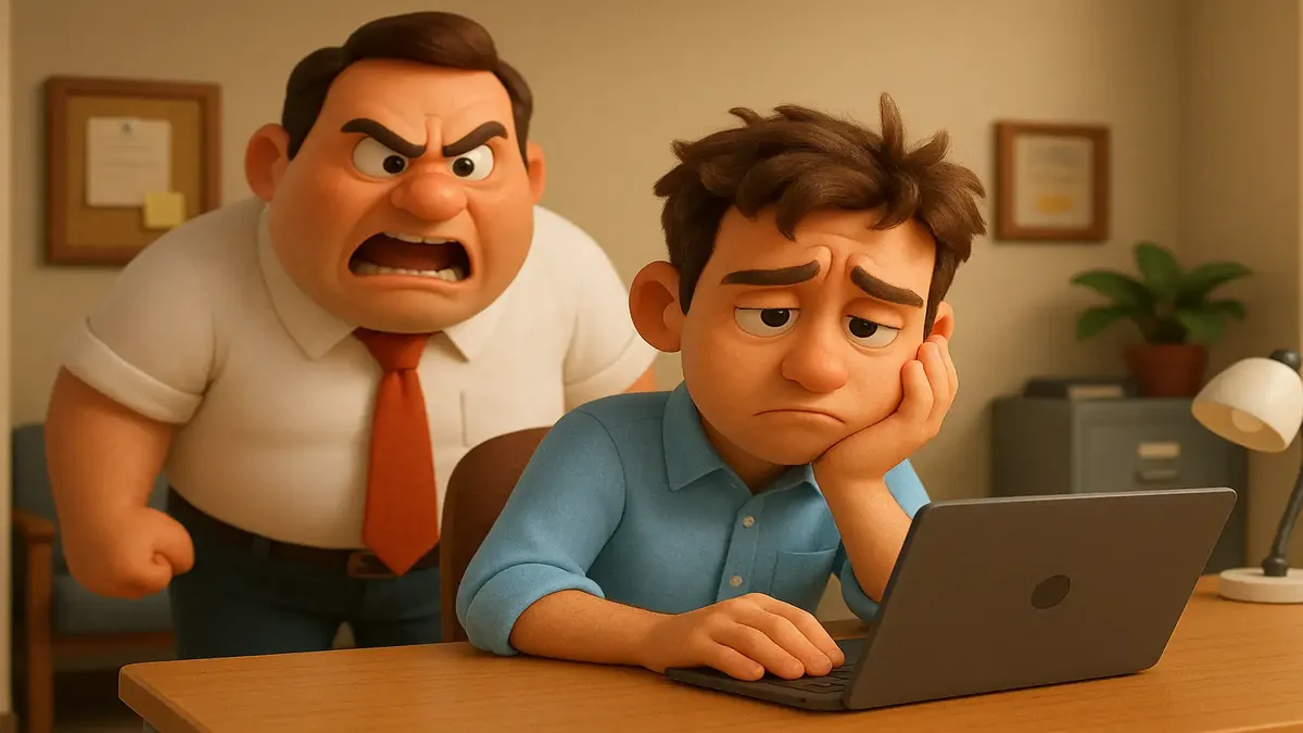 Cartoon-style 3D illustration of a stressed employee feeling undervalued at work, reflecting workplace frustration.