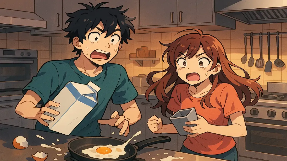 Anime couple sneaking into a kitchen, searching for milk during breakfast chaos at a hotel.