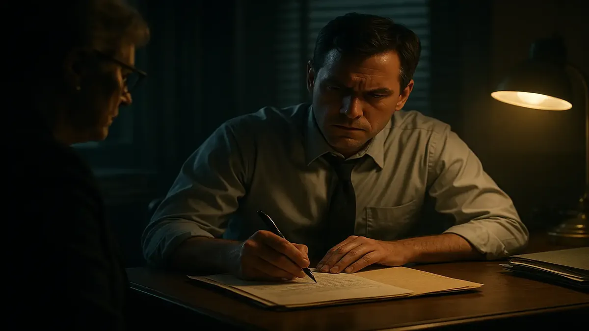 Cinematic scene depicting a tense office environment, highlighting scrutiny over file management.