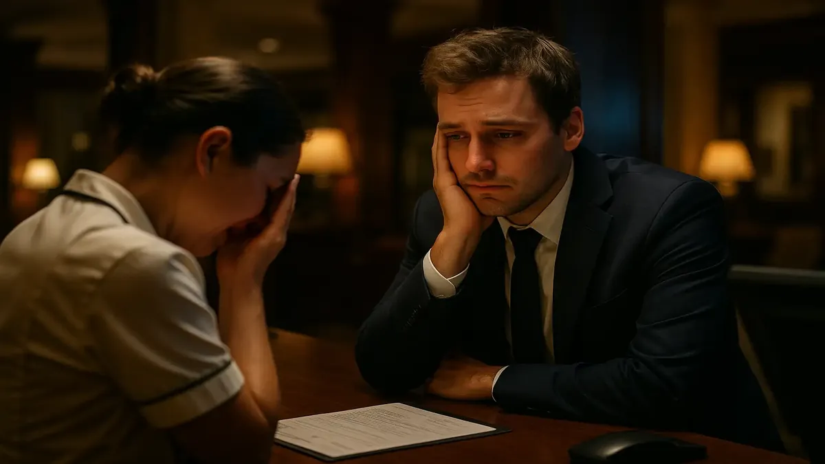 Front desk employee listening to hotel guests, showcasing emotional support in a cinematic setting.