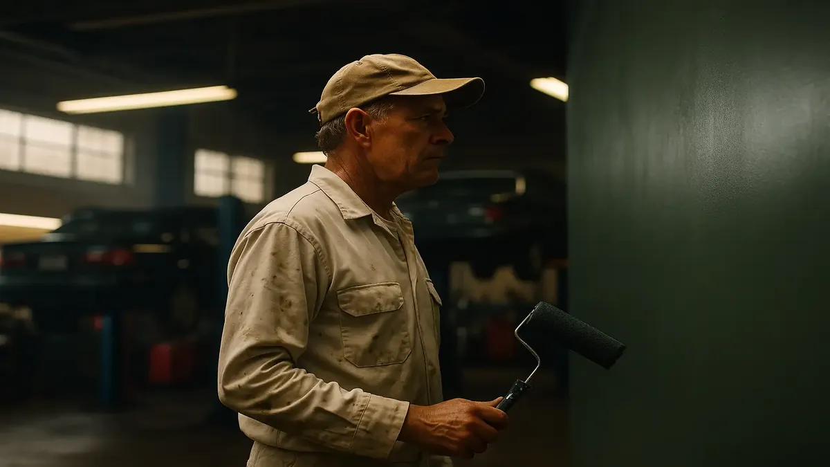 Cinematic view of a clean transmission shop showcasing professional service and a dedicated team at work.