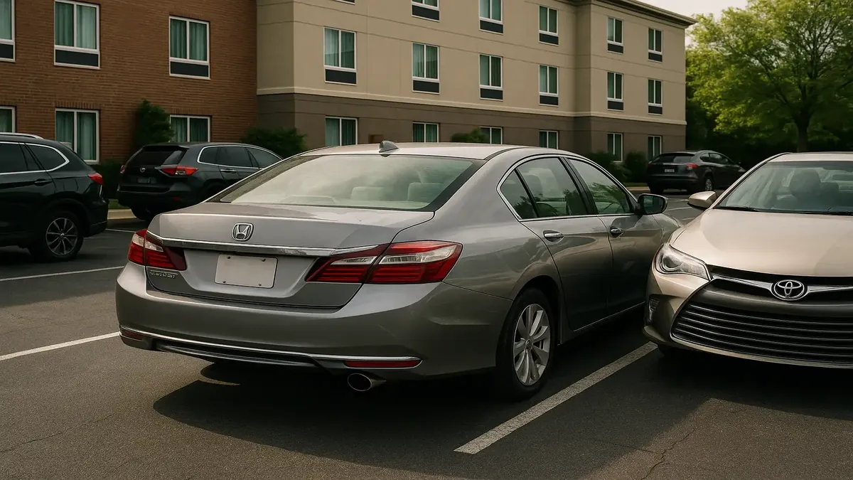 A crowded hotel parking lot showing cars struggling to find spaces, highlighting parking issues.