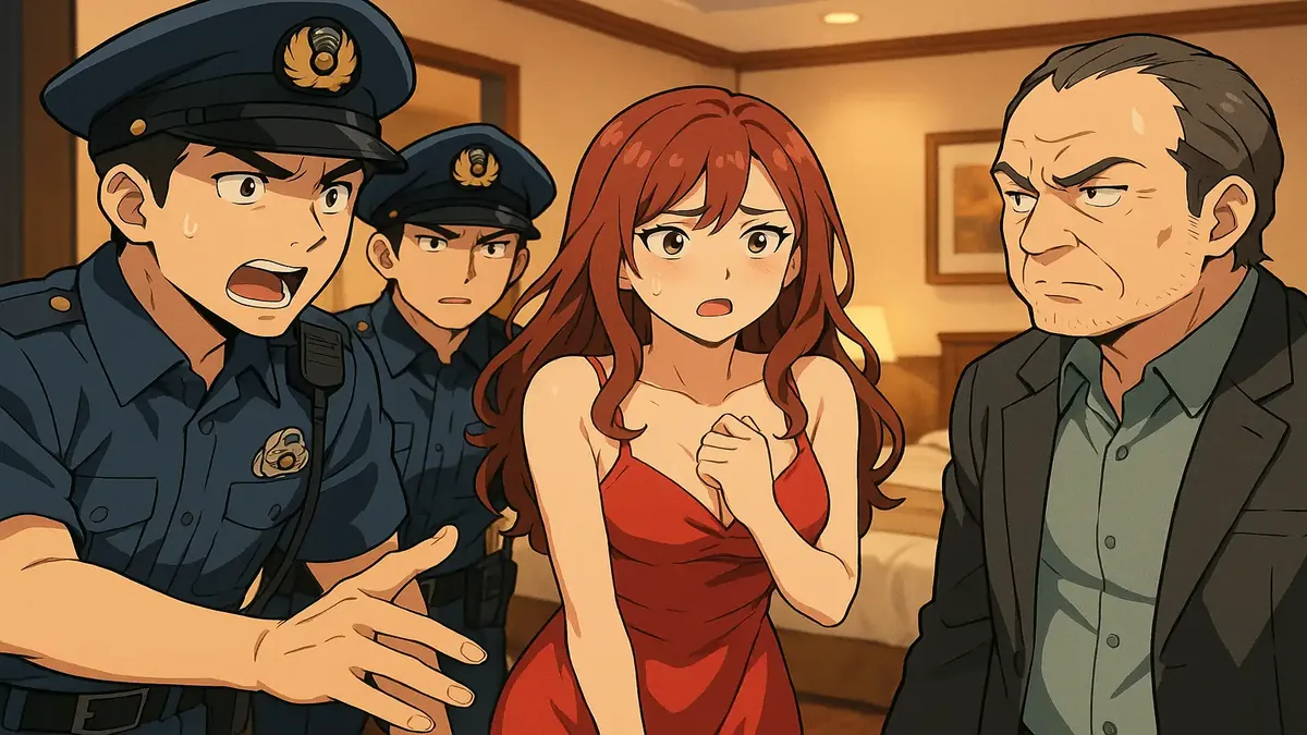 Anime illustration of a hotel guest being confronted by police, highlighting a unique legal situation.