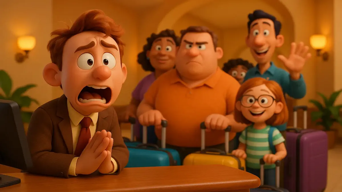 Cartoon-3D illustration of a bustling early check-in queue at a sold-out event, showcasing excitement and chaos.