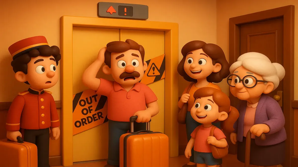 Cartoon-3D illustration of hotel guests waiting for a broken lift, showcasing frustration and humor.