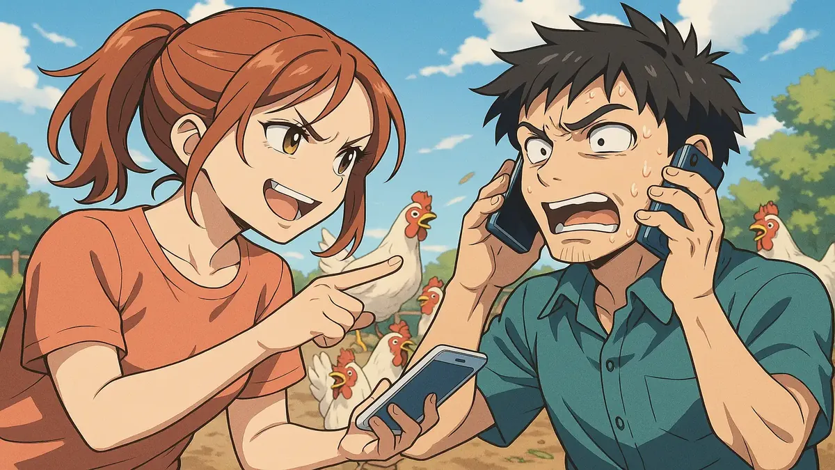 Anime illustration of a frustrated man with chickens, representing a Craigslist ad for free layer hens.