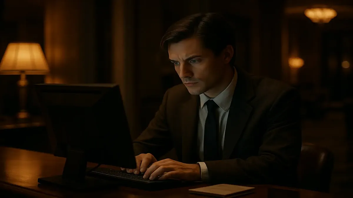 Front desk employee pretending to work in a quiet hotel lobby, cinematic style, evoking a sense of boredom.
