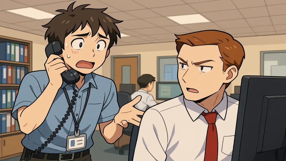 Help desk employee in anime style struggles to assist a user with Citrix app issues, lacking necessary information.