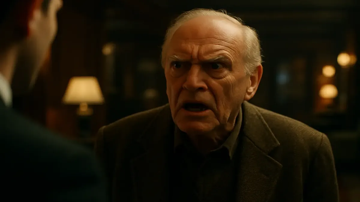 Cinematic image of a surprised man reacting to a dog-friendly hotel sign, embodying shock and disbelief.