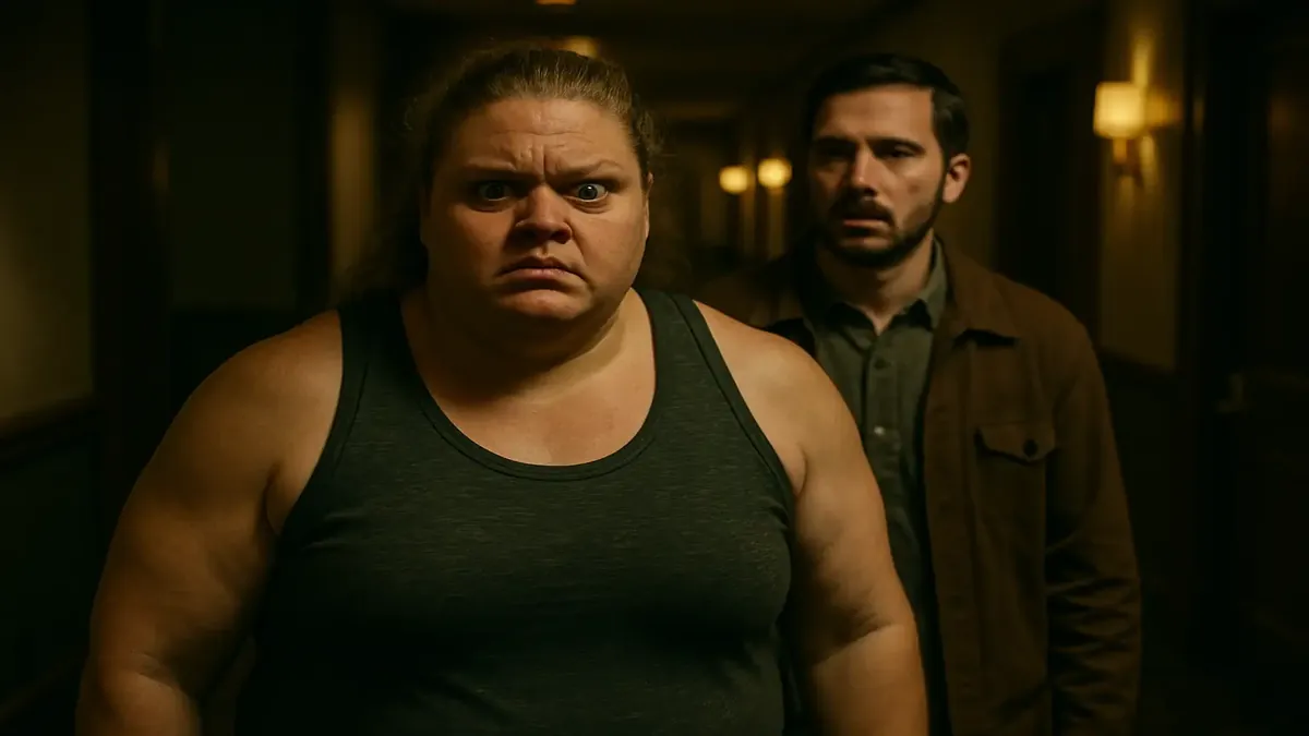 Woman with a confused expression in a cinematic hallway scene, embodying a 'resting crazy face' moment.